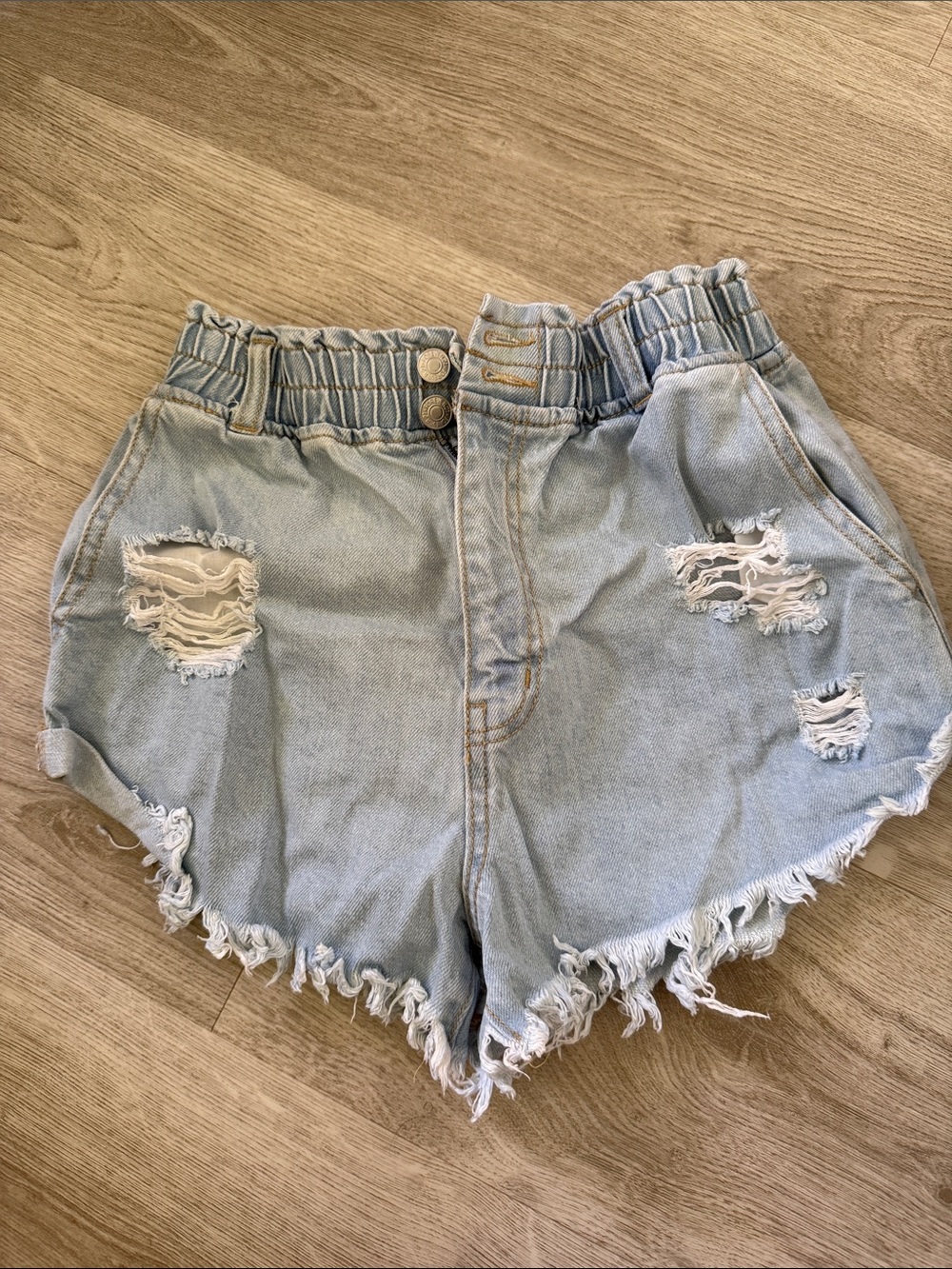 Forever 21 Light Wash Distressed Paperbag Denim Shorts